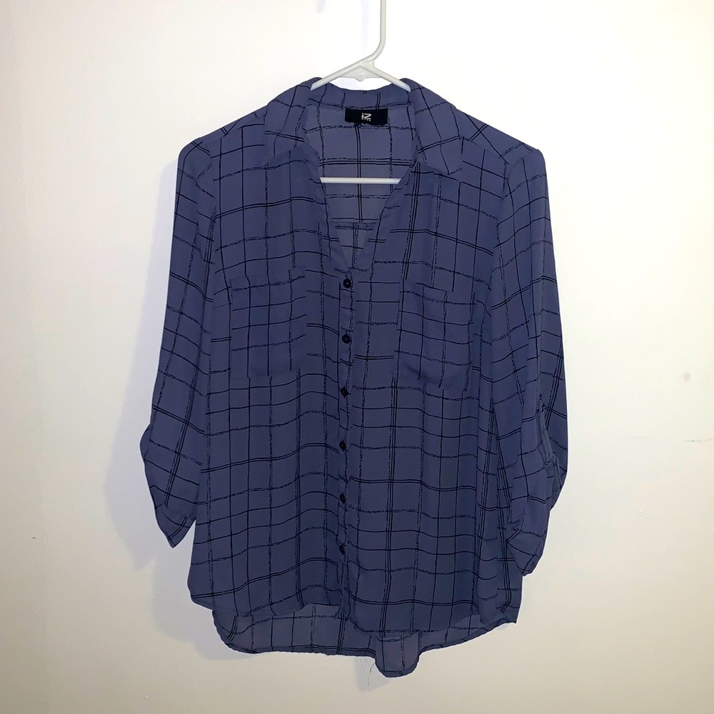 IZ BYER blue/purple plaid M quarter sleeve top